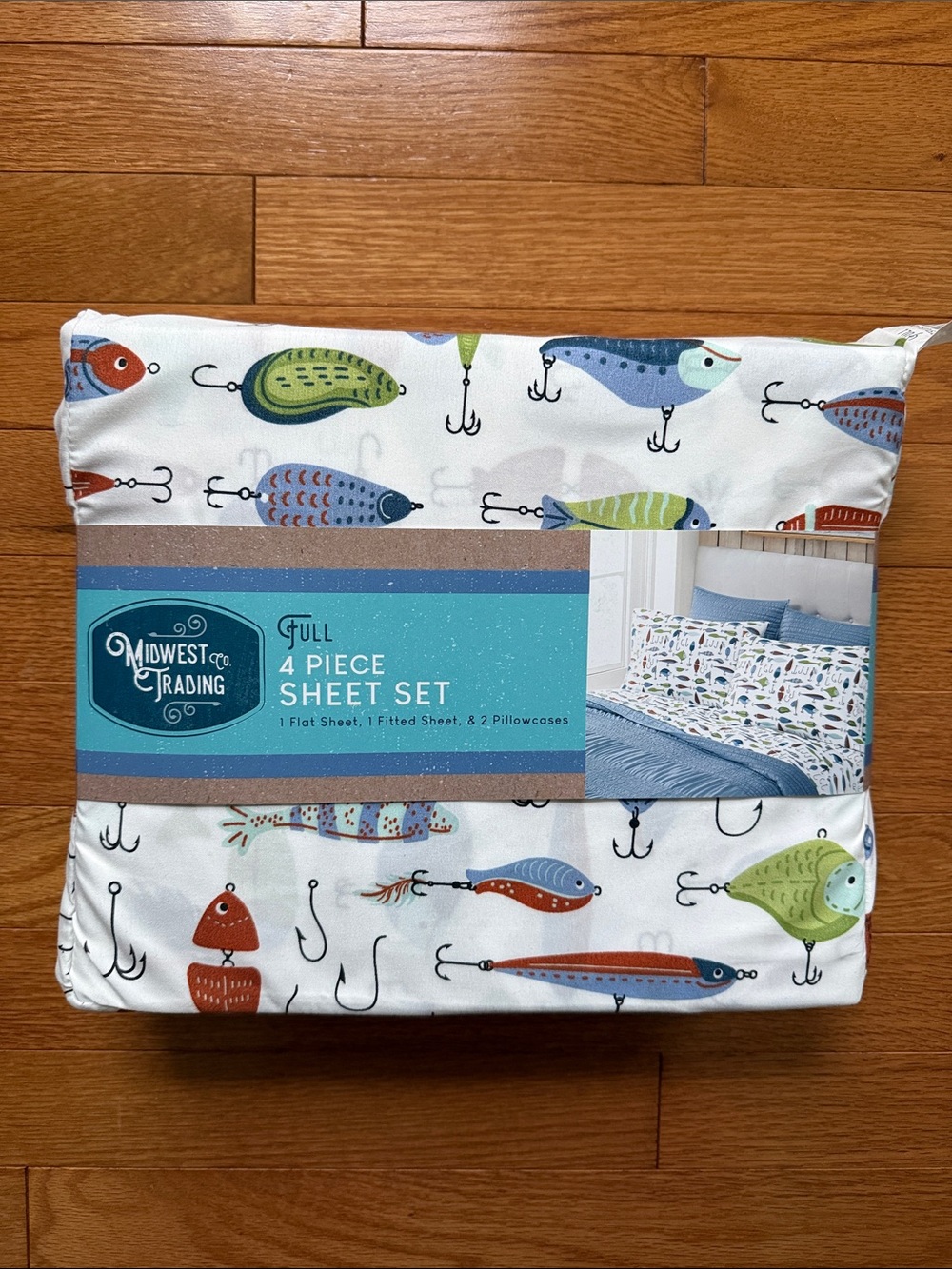 NEW~ Midwest Trading FULL 4-Piece Fish Print Sheet Set - White w/ Blue & Green